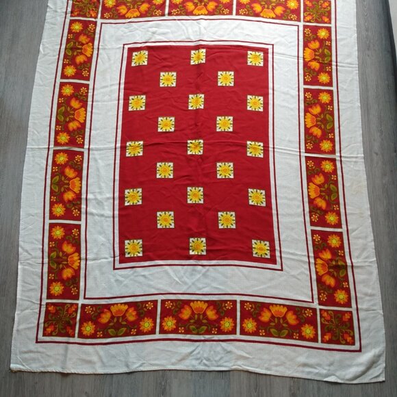 Vintage Scandinavian Tablecloth Tulip Flowers Sunflowers Burgundy Orange Rayon - Picture 2 of 12